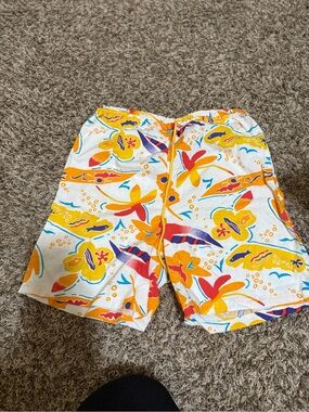OP Men's White Swim Shorts with Yellow & Red Tropical Print
